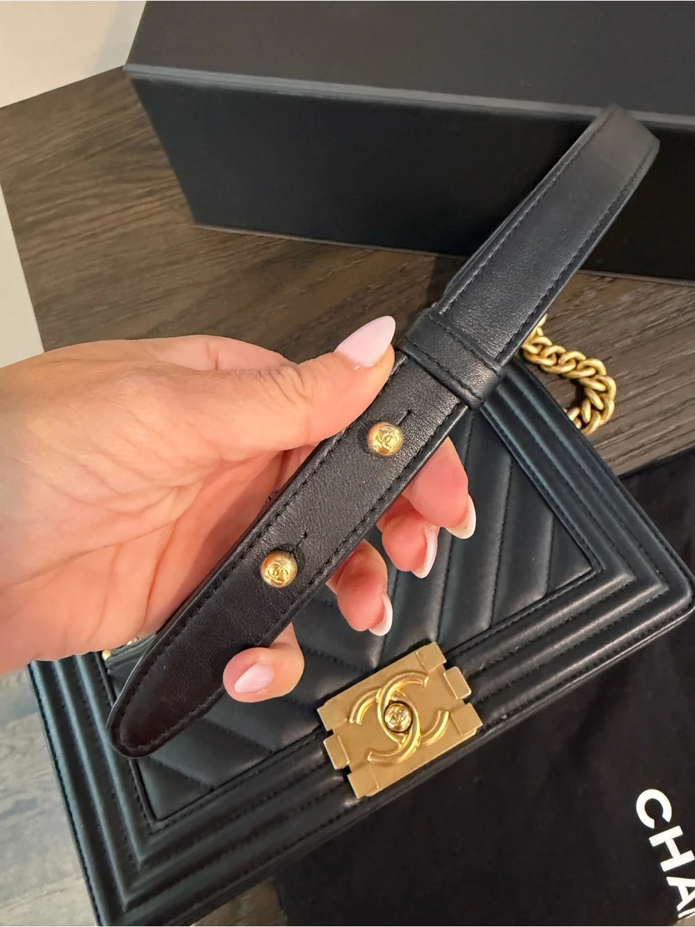 CHANEL Black Chevron Quilted Boy Shoulder Bag with Gold Hardware